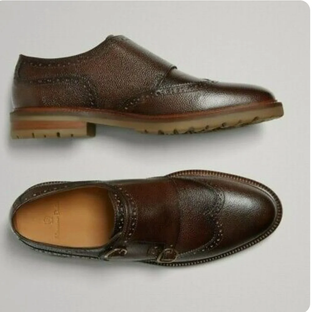 Massimo Dutti Brown Leather Suede Double Monk Strap Wingtip Brogue Shoes 10 10.5 MASSIMO DUTTI brown suede double monk strap wingtip shoes  main image 4